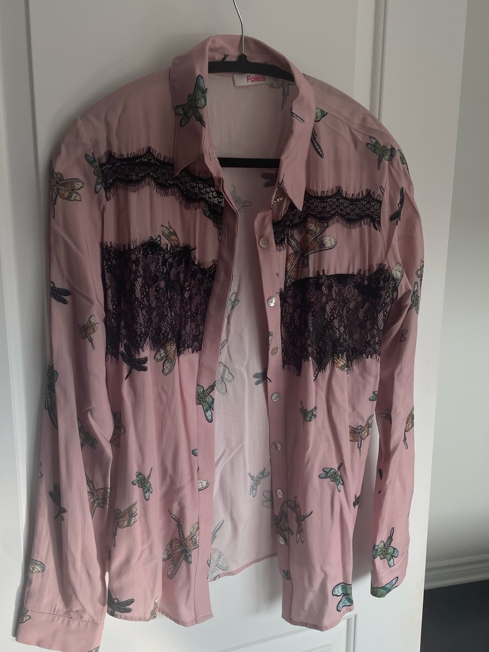 Foley Pink Dragonfly Button-Up Shirt with Black Lace Accents